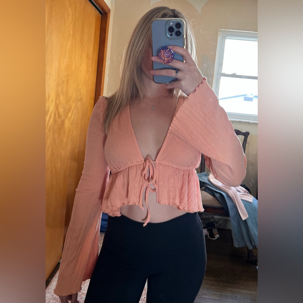Urban Outfitters Peach Tie-Front Blouse with Bell Sleeves